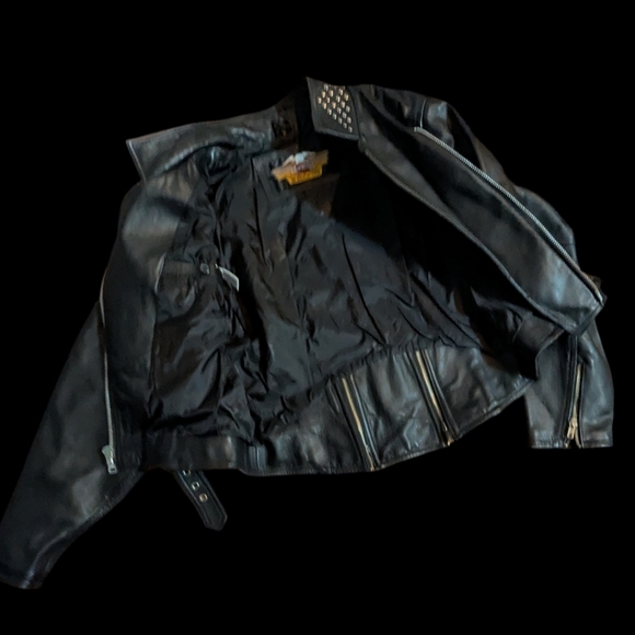 Vtg Harley Davidson Black Leather Jacket Studded Detailing Zippers Moto Sz L - Picture 4 of 14